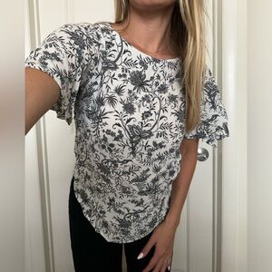 White Blouse with Blueish-Grey Floral Design
